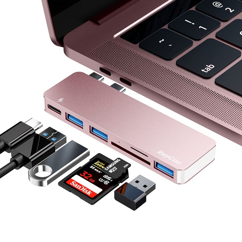 Raycue USB C Hub Adapter for MacBook Pro/Air 2020 2019 2018, 6 in 1 USB-C Accessories Compatible with MacBook Pro 13â€³ and 15â€³ with 3 USB 3.0 Ports, TF/SD Card Reader, Power Delivery (Pink) - Image 1
